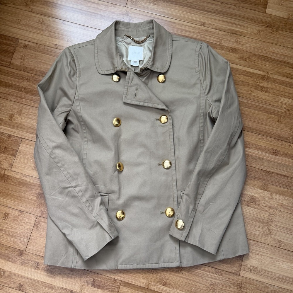 J Crew Tan Trench Coat‎ Womens 12 Gold Button Peacoat Cotton Jacket Classic